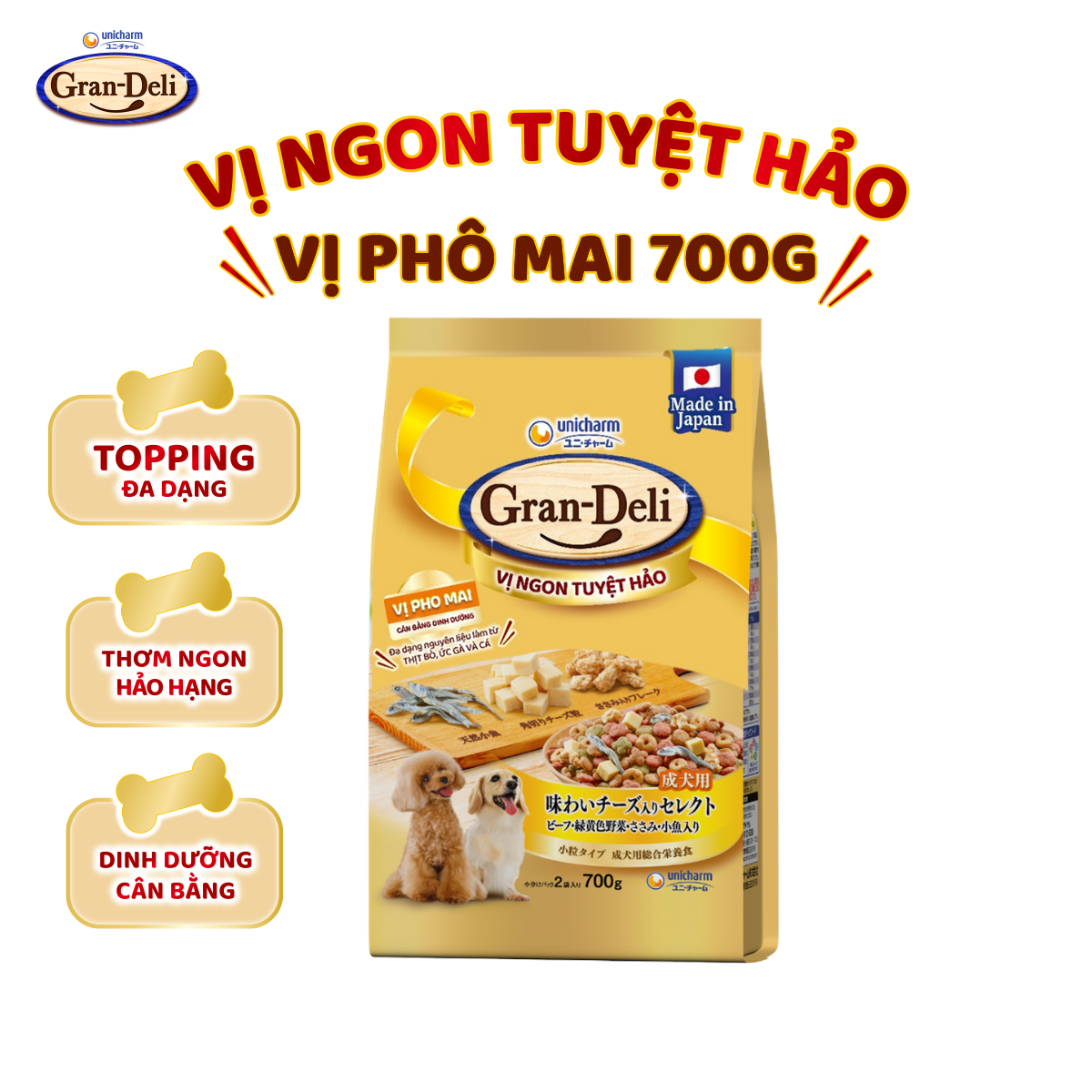 Thức ăn hạt khô cho chó trưởng thành Grand-Deli vị Phô Mai 700g