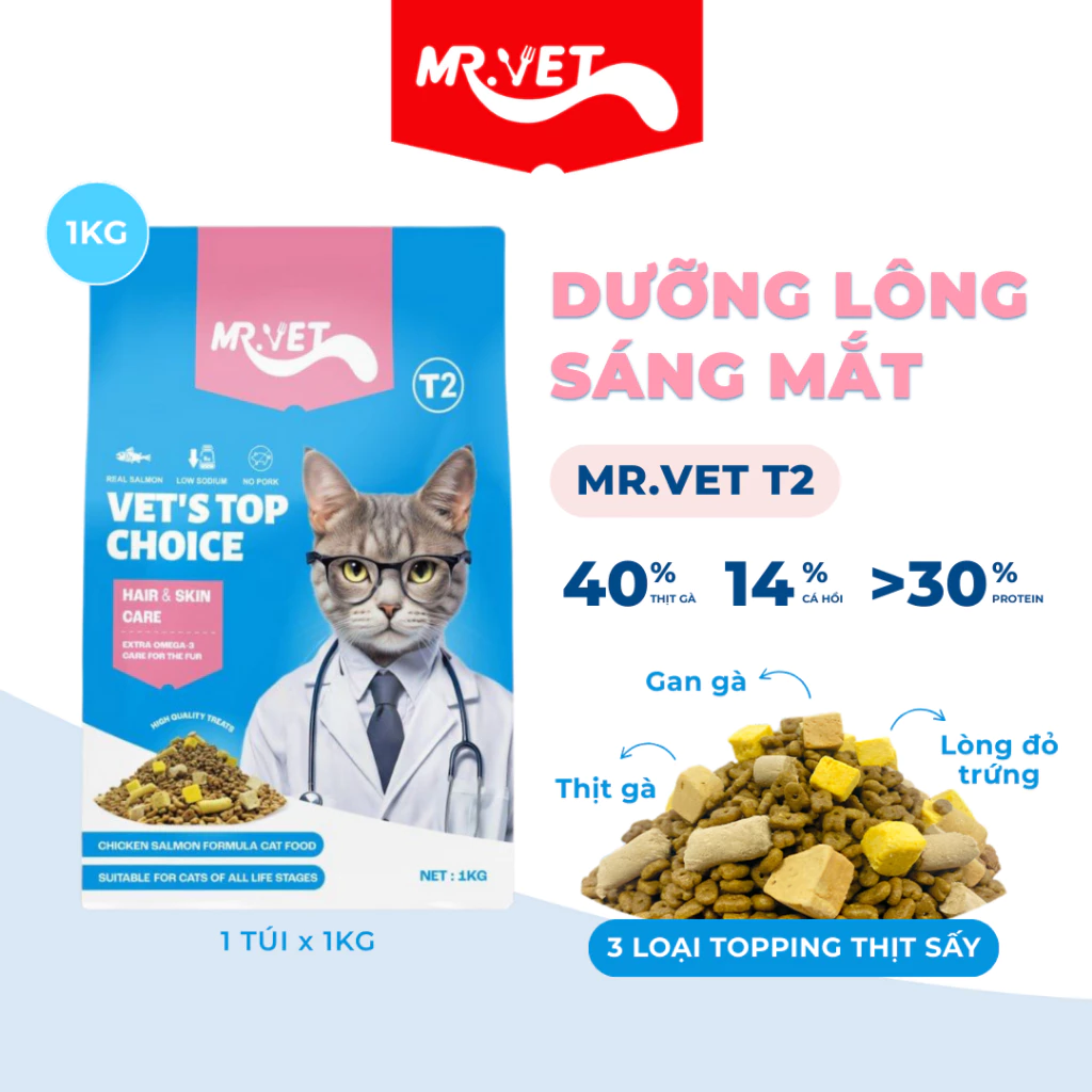 Thức ăn hạt cho mèo mọi lứa tuổi MR.VET T2 vị Gà và Cá Hồi 1kg