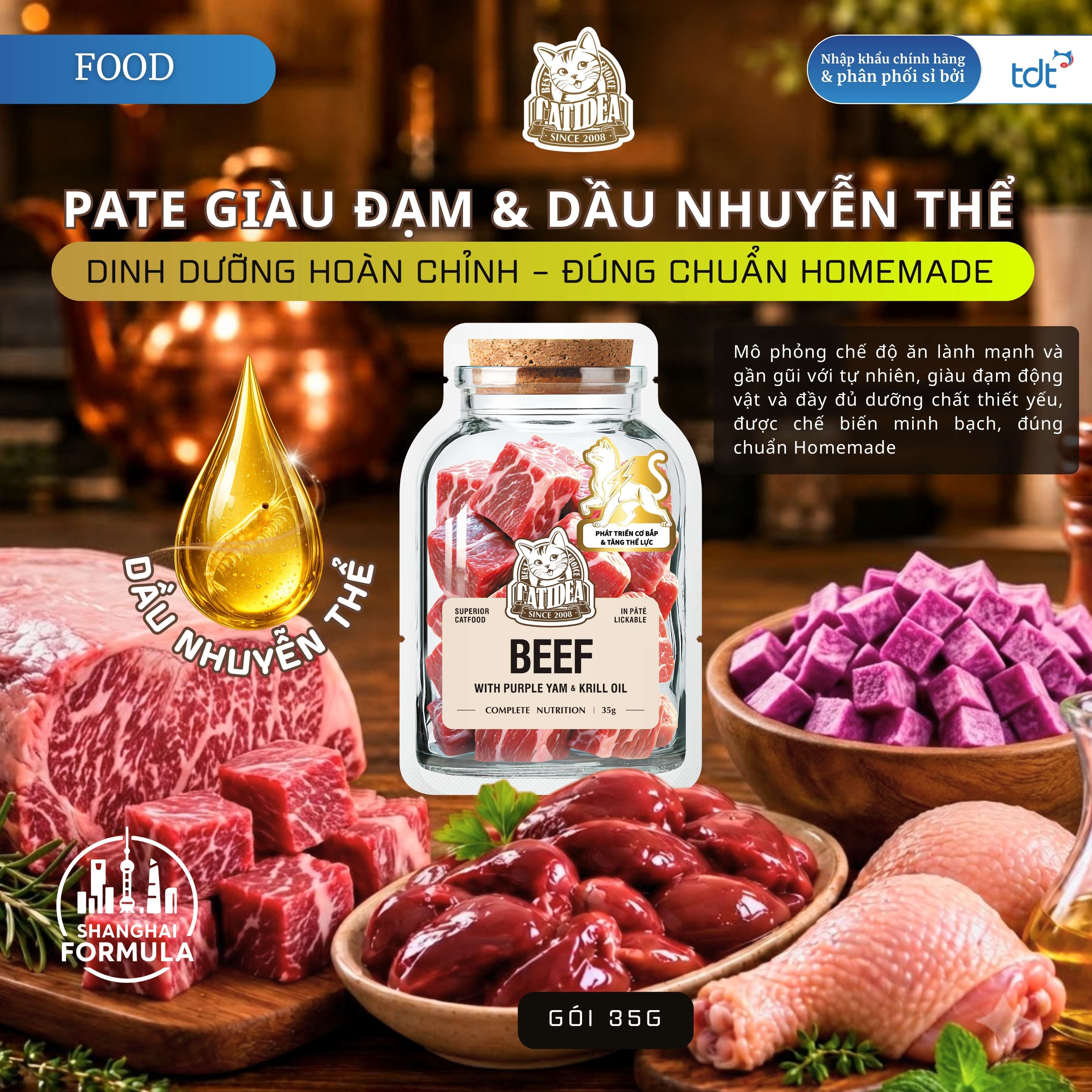 PATE GÓI CATIDEA 35G_THỊT BÒ + KHOAI MỠ + DẦU NHUYỄN THỂ