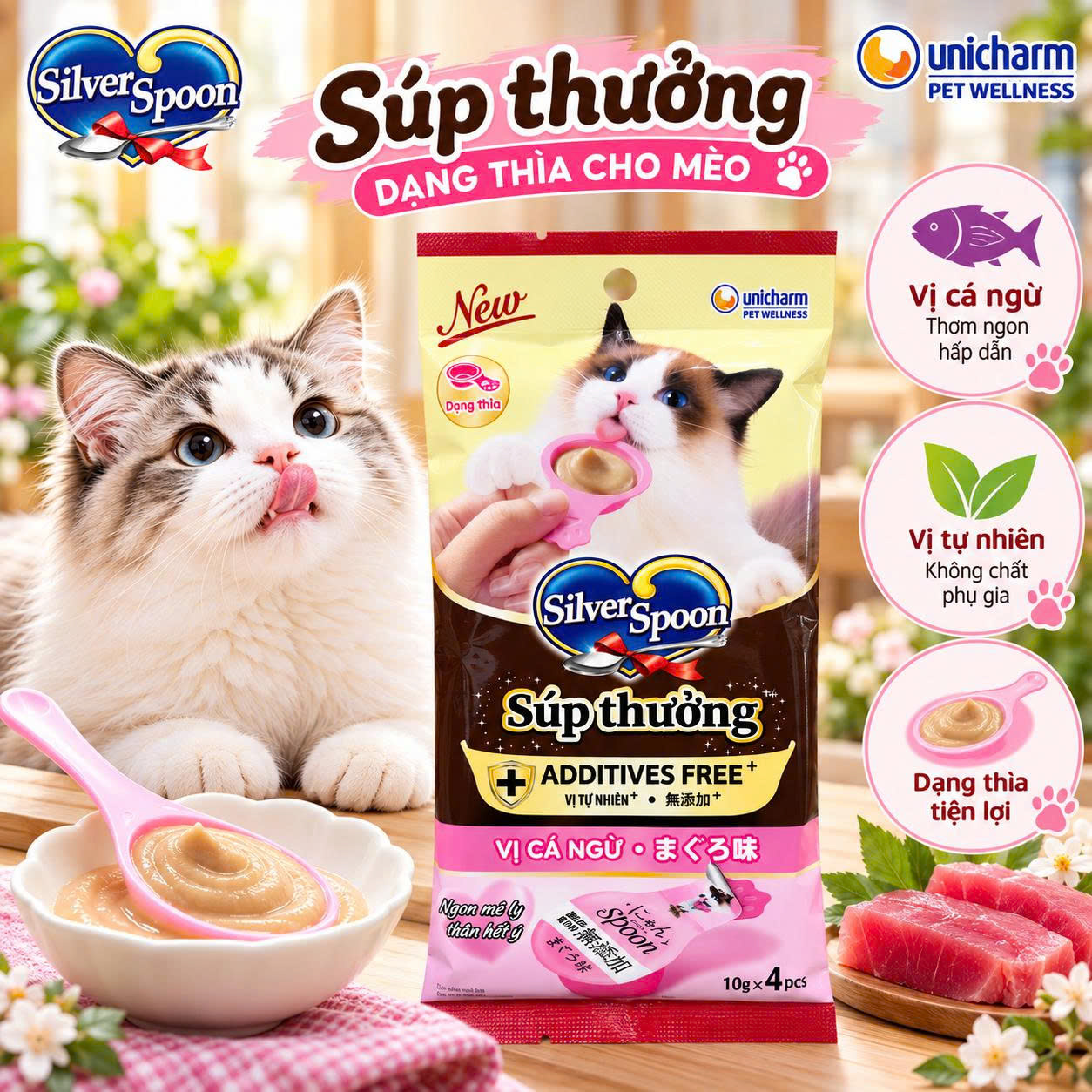 Súp thưởng dạng thìa Vị tự nhiên không Chất điều vị và màu thực phẩm cho mèo Silver Spoon 40g - Additives Free+