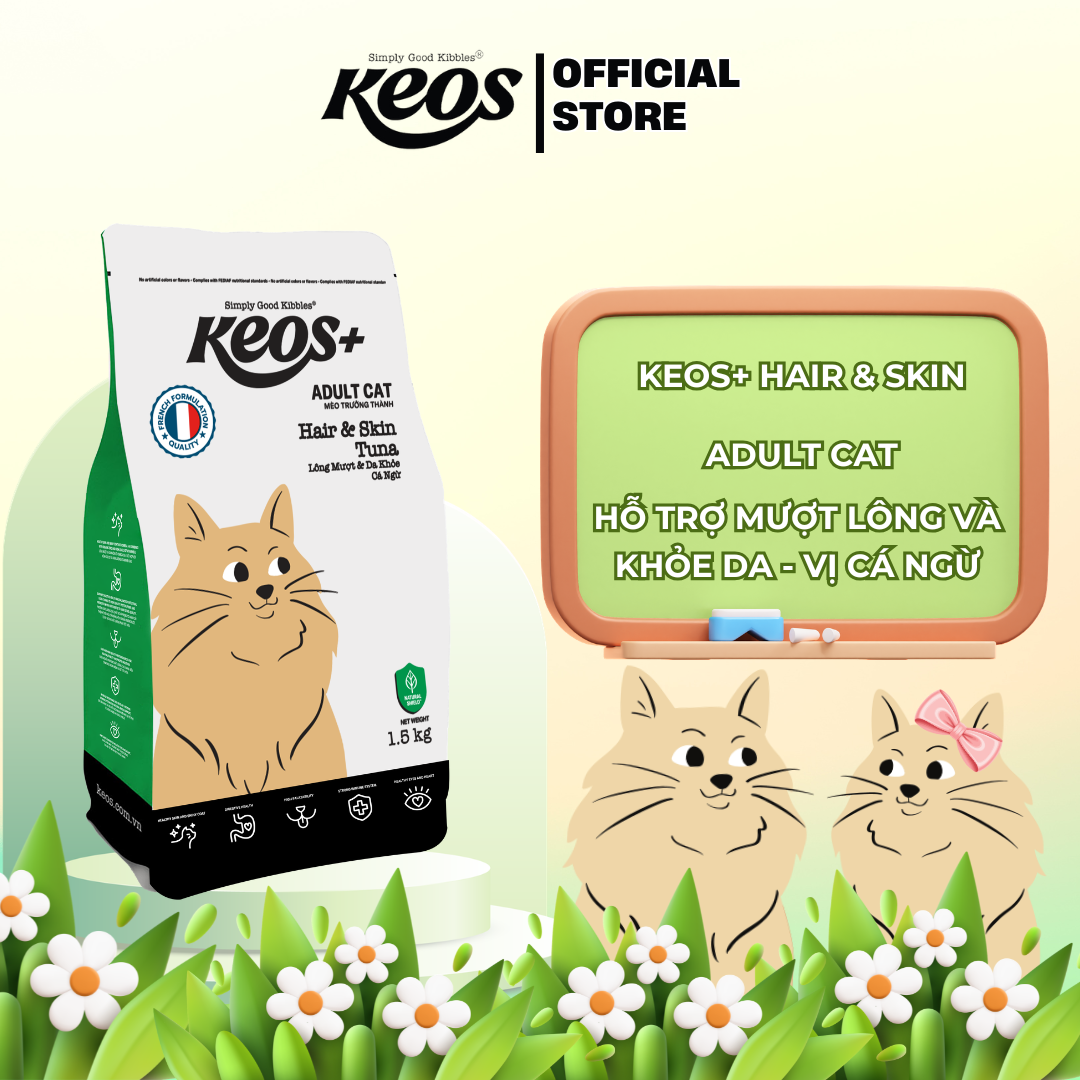 Thức ăn hạt cho mèo trưởng thành Keos+ Adult Cat Hair & Skin vị Cá Ngừ, hỗ trợ da khỏe, lông bóng mượt 1,5kg