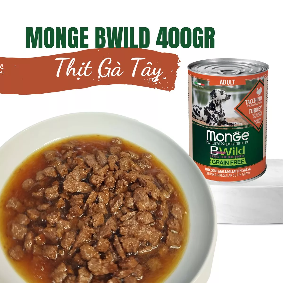Pate cho chó không ngũ cốc Monge Bwild Grain Free vị Gà tây, Bí đỏ và Bí xanh - Lon 400g