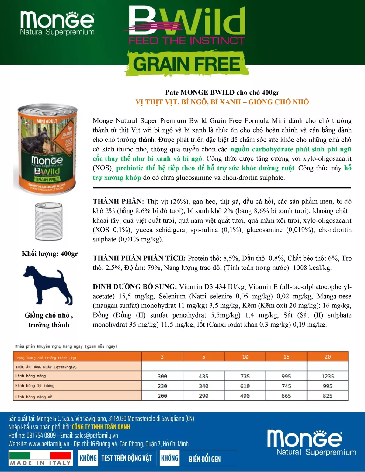 Pate cho chó giống nhỏ không ngũ cốc Monge Bwild Grain Free vị Thịt vịt, Bí đỏ và Bí xanh - Lon 400g