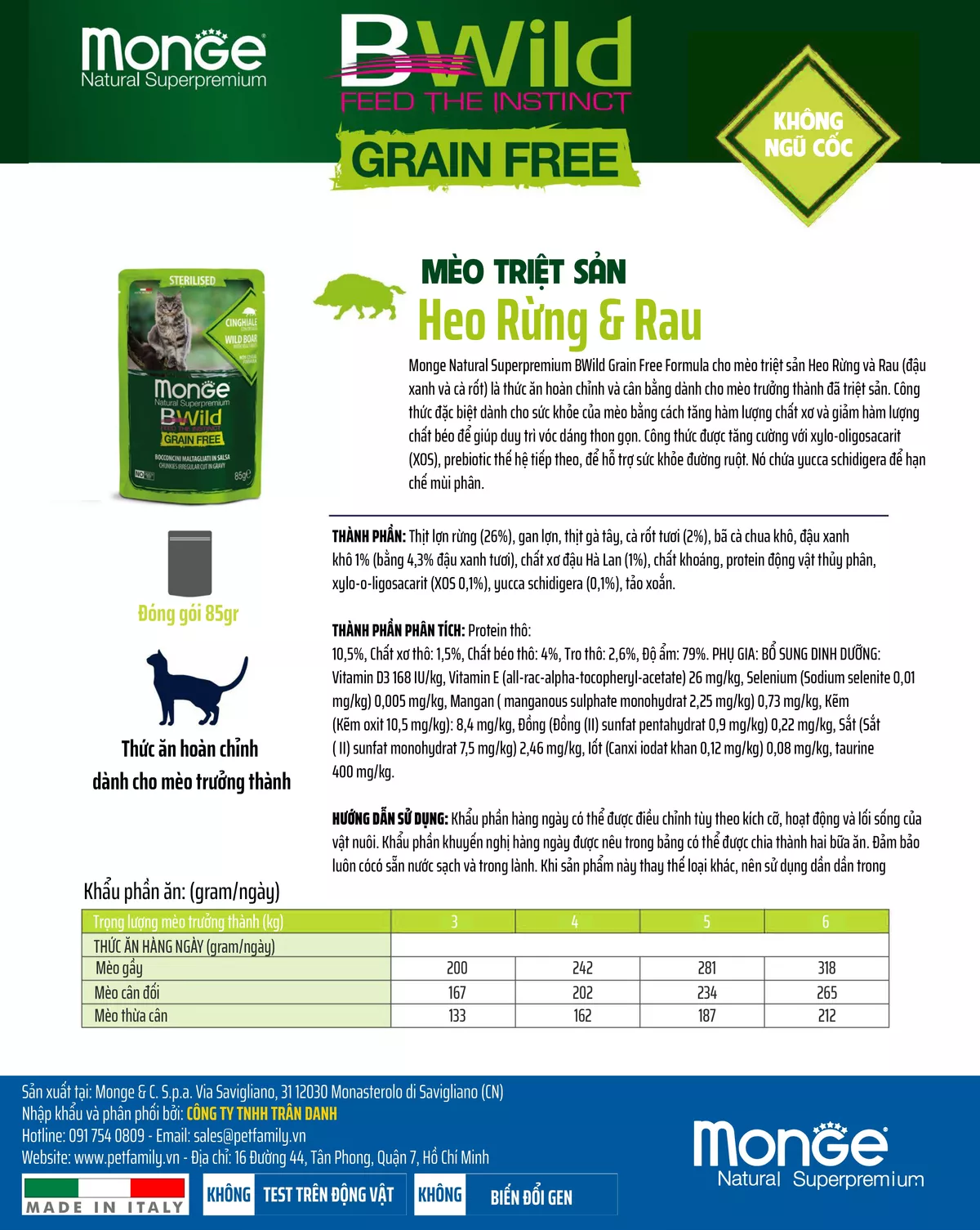 Pate cho mèo triệt sản Monge Bwild Grain Free vị Thịt heo rừng và Rau củ