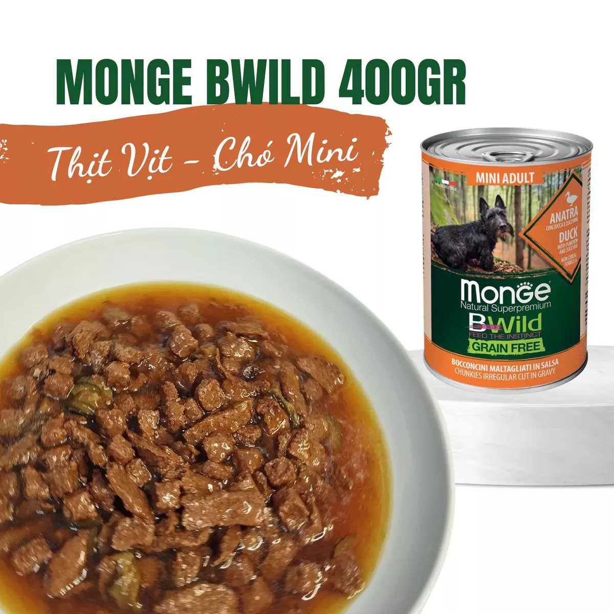 Pate cho chó giống nhỏ không ngũ cốc Monge Bwild Grain Free vị Thịt vịt, Bí đỏ và Bí xanh - Lon 400g