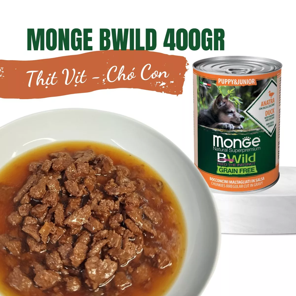 Pate cho chó con không ngũ cốc Monge Bwild Grain Free Puppy vị Thịt vịt, Bí đỏ và Bí xanh - Lon 400g