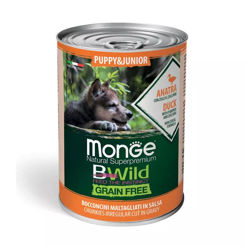 Pate cho chó con không ngũ cốc Monge Bwild Grain Free Puppy vị Thịt vịt, Bí đỏ và Bí xanh - Lon 400g
