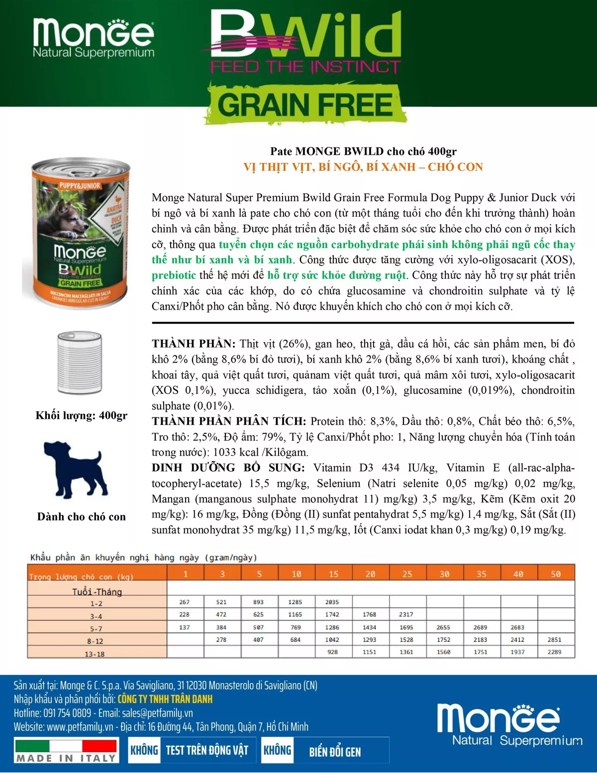 Pate cho chó con không ngũ cốc Monge Bwild Grain Free Puppy vị Thịt vịt, Bí đỏ và Bí xanh - Lon 400g