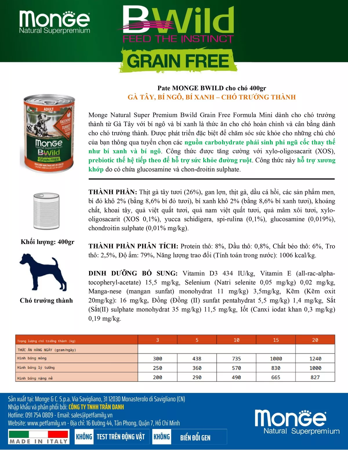 Pate cho chó không ngũ cốc Monge Bwild Grain Free vị Gà tây, Bí đỏ và Bí xanh - Lon 400g