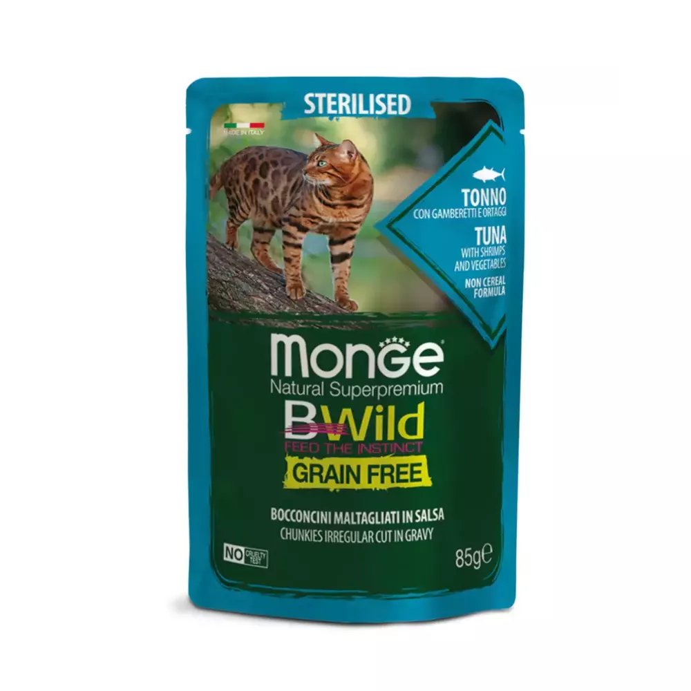 Pate cho mèo triệt sản Monge Bwild Grain Free vị Cá ngừ, Tôm và Rau củ