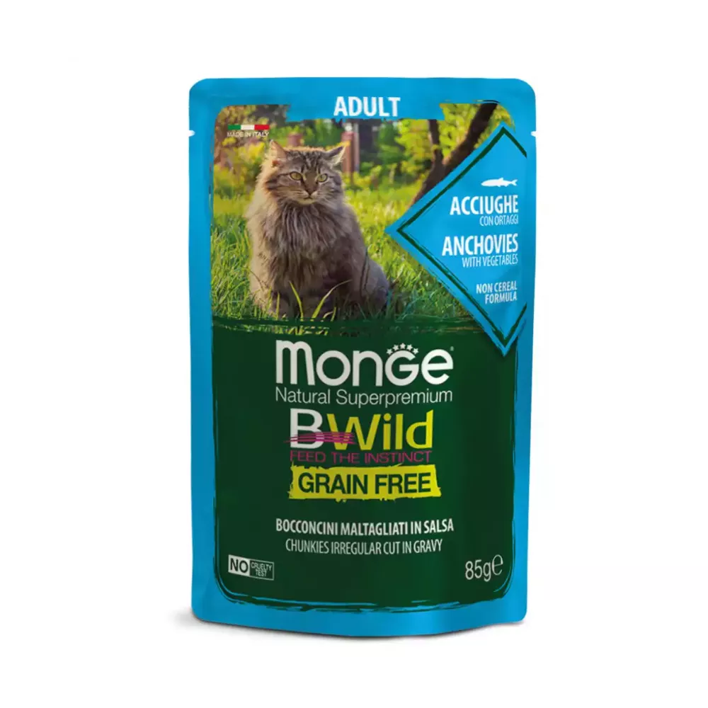Pate cho mèo trưởng thành Monge Bwild Grain Free vị Cá cơm và Rau củ