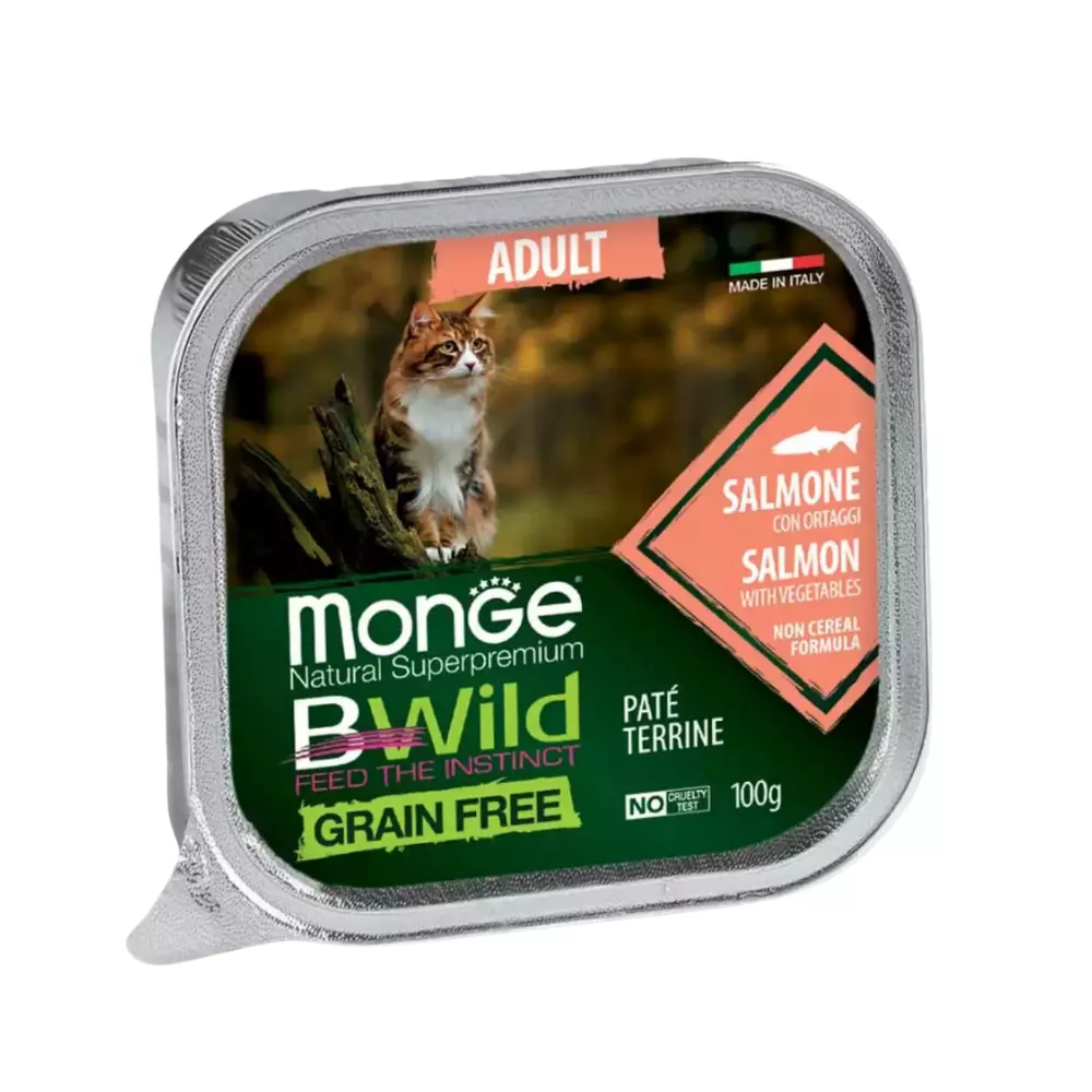 Pate cho mèo trưởng thành Monge Bwild Grain Free Terrine vị Cá hồi và Rau củ - Hộp 100g
