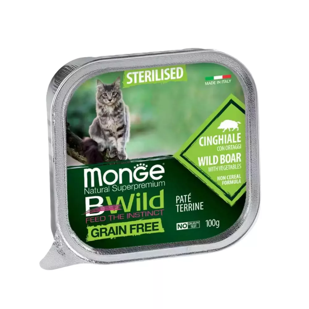 Pate cho mèo triệt sản Monge Bwild Grain Free Terrine vị Thịt heo rừng và Rau củ - Hộp 100g