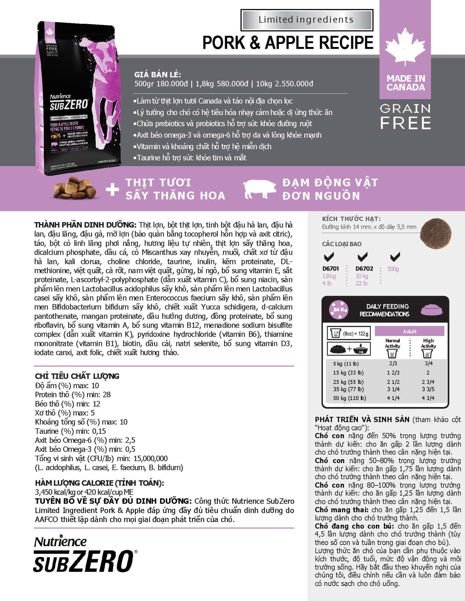 NT Subzero cho Chó - Thịt lợn, táo và rau củ quả tự nhiên (Cho mọi giống chó ở mọi lứa tuổi)