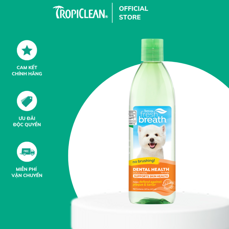 Nước vệ sinh răng miệng TropiClean – hỗ trợ da lông cho chó 473ml