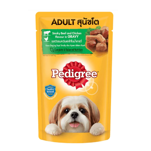 Pate cho chó lớn dạng sốt Pedigree - Gà và Bò Xông Khói 130g