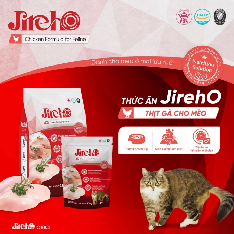 Thức ăn hạt JirehO vị Thịt Gà cho mèo 800g
