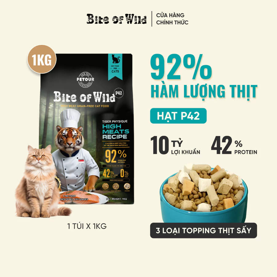 Thức ăn hạt cho mèo mọi lứa tuổi BITE OF WILD P42 Mix Thịt Sấy 1kg