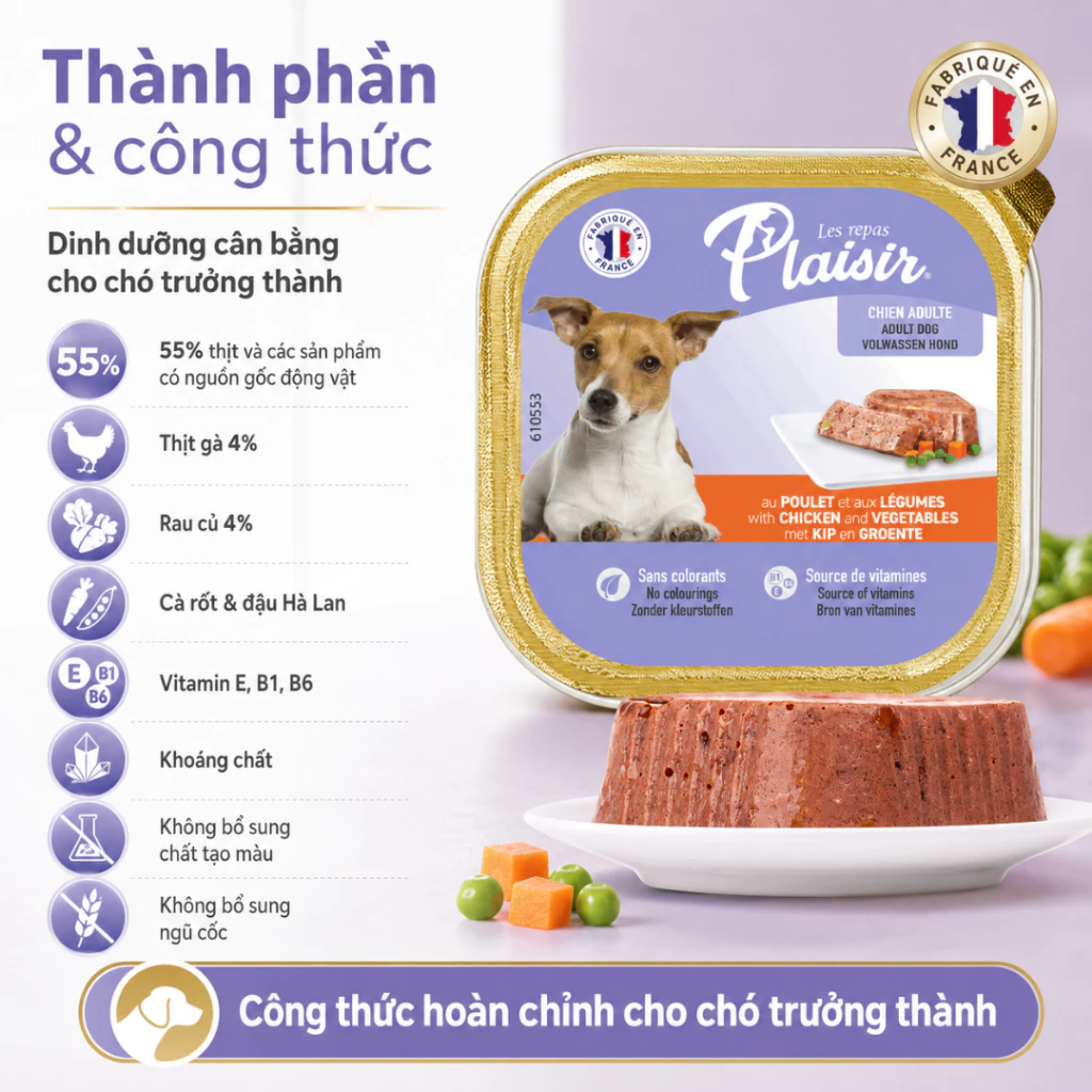 Pate Plaisir vị Gà và rau củ cho chó trưởng thành 100g