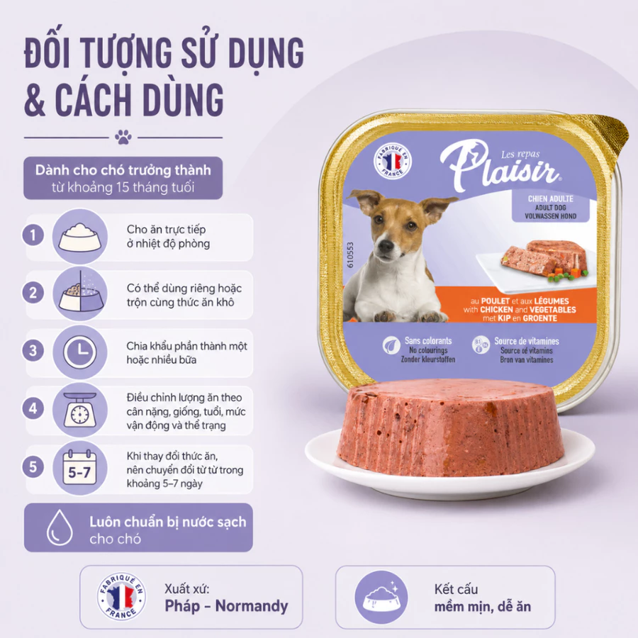 Pate Plaisir vị Gà và rau củ cho chó trưởng thành 100g