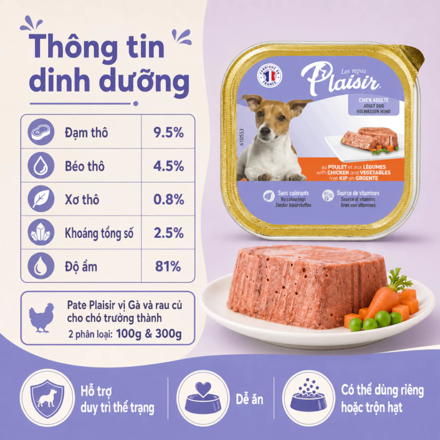 Pate Plaisir vị Gà và rau củ cho chó trưởng thành 100g