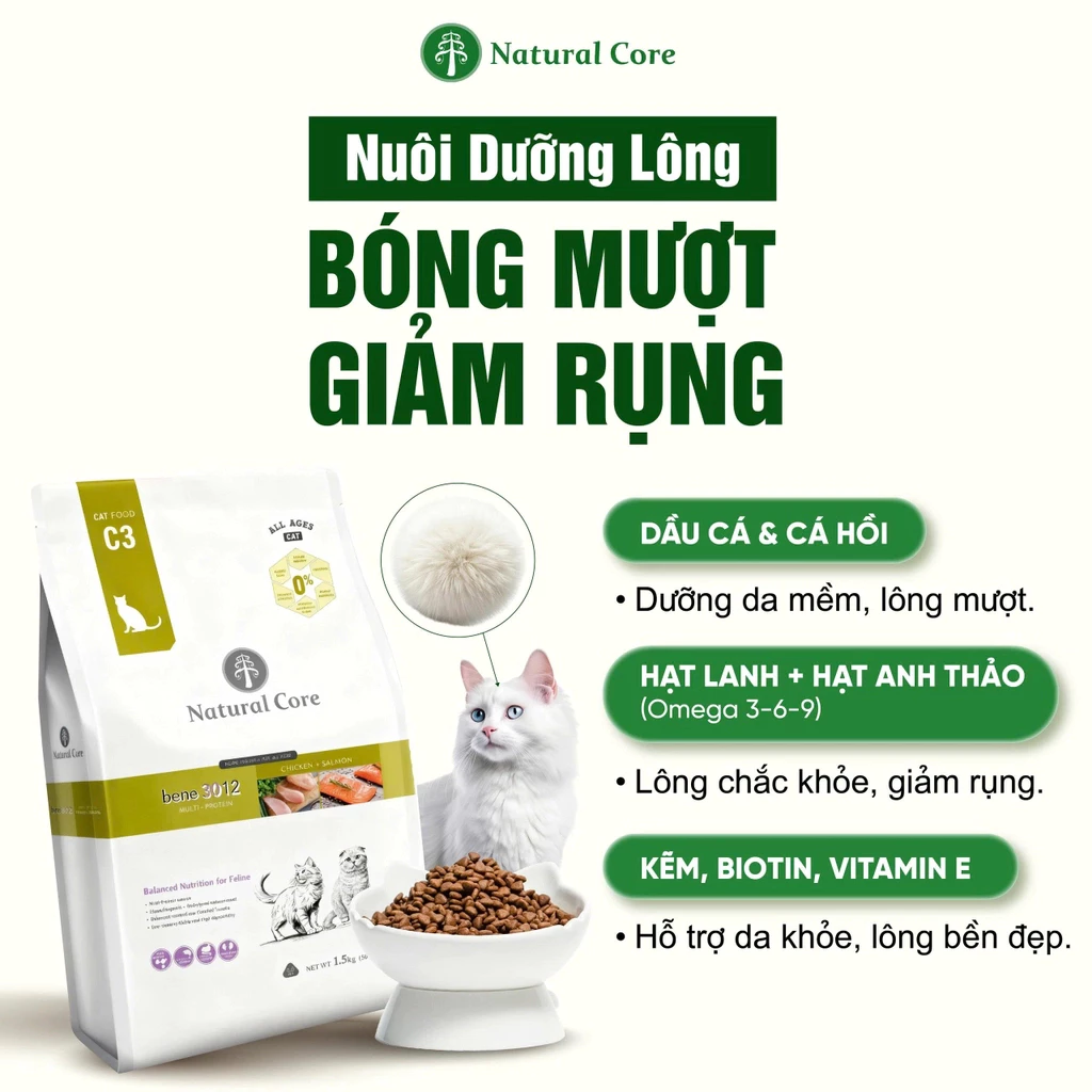 Thức ăn hạt Natural Core C3 BENE 3012 cho mèo Thịt gà & Cá hồi 1,5kg
