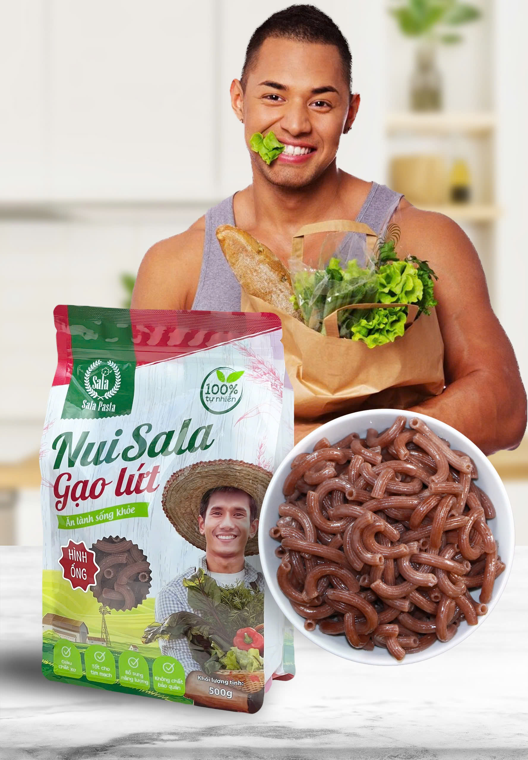 Nui Sala gạo lứt hình ống