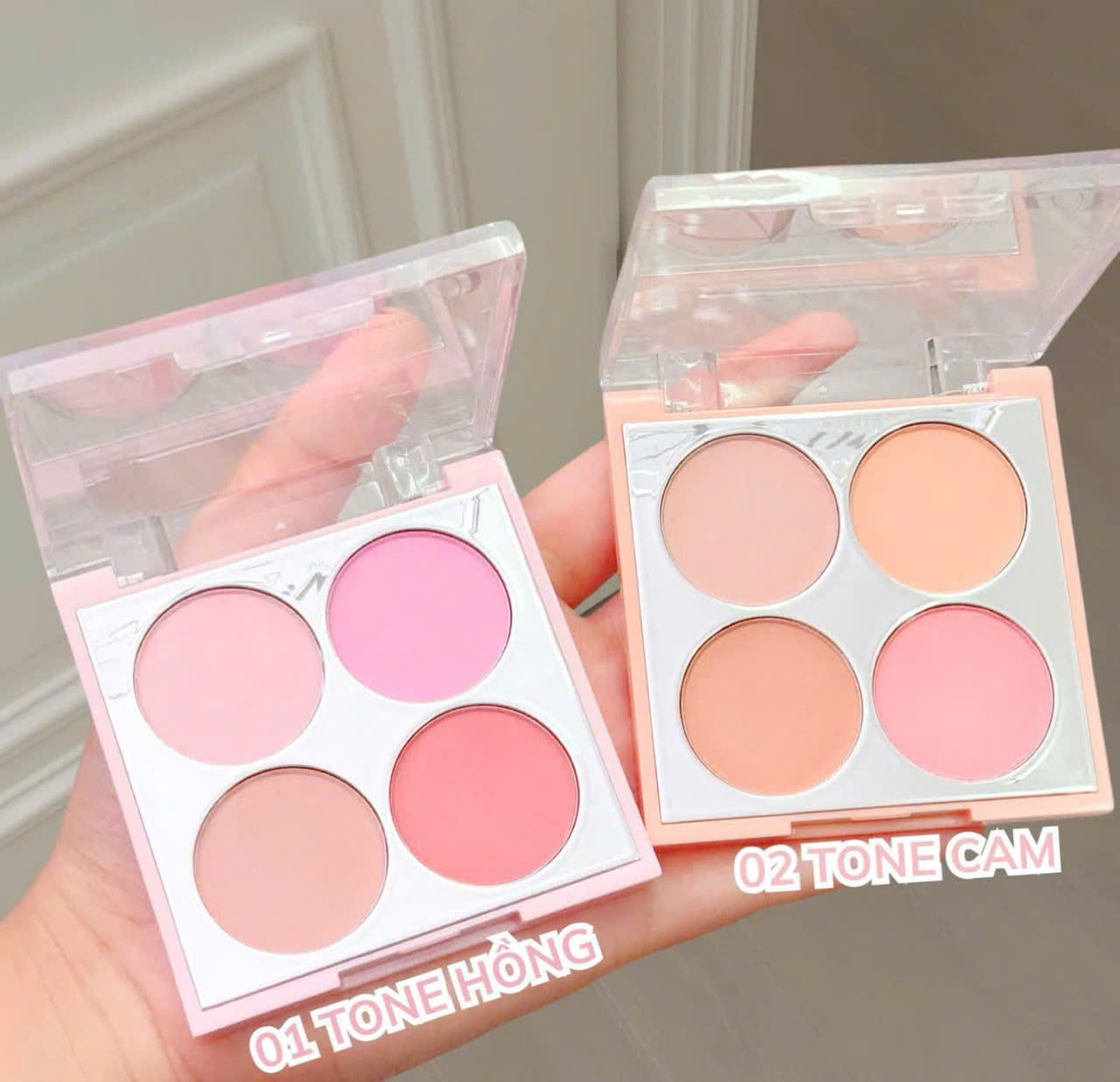 Bảng Má Hồng Mona Blush Palette 4 Ô Siêu Mịn Lên Màu Tự Nhiên, Tone Hồng & Cam Đào - Bảng Đánh Má Hồng Mona Chính Hãng
