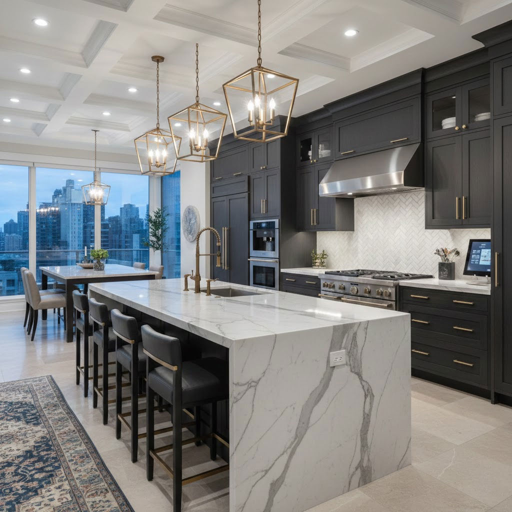 không gian bếp hiện đại với bếp từ, máy rửa chén và máy hút mùi