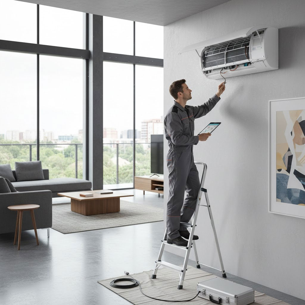 Thợ điện lạnh đang bảo dưỡng điều hoà