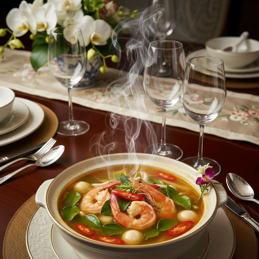 Bát canh chua tôm kiểu Thái bốc khói, bày trên bàn ăn sang trọng