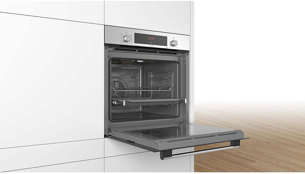 Lò nướng âm tủ Bosch HBA512ES0 Serie 4 với thiết kế mặt kính đen sang trọng và vỏ thép không gỉ