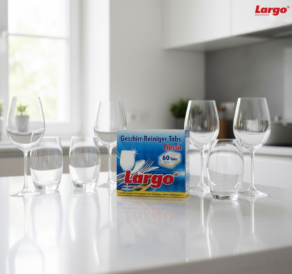 Hộp viên rửa bát Largo Classic 60 viên trên bàn bếp hiện đại, bát đĩa sáng bóng, ánh sáng tự nhiên sang trọng