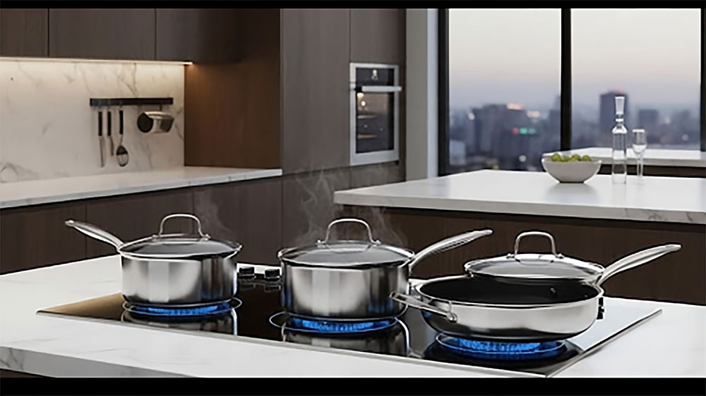 Không gian bếp cao cấp với bộ chảo Diamond Bond đặt trang trọng trên mặt bếp