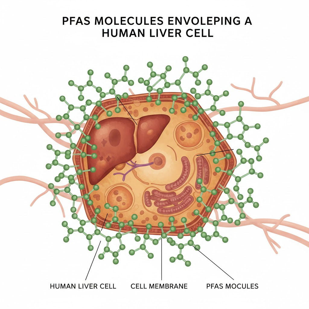 Cấu trúc phân tử PFAS bao quanh tế bào gan người