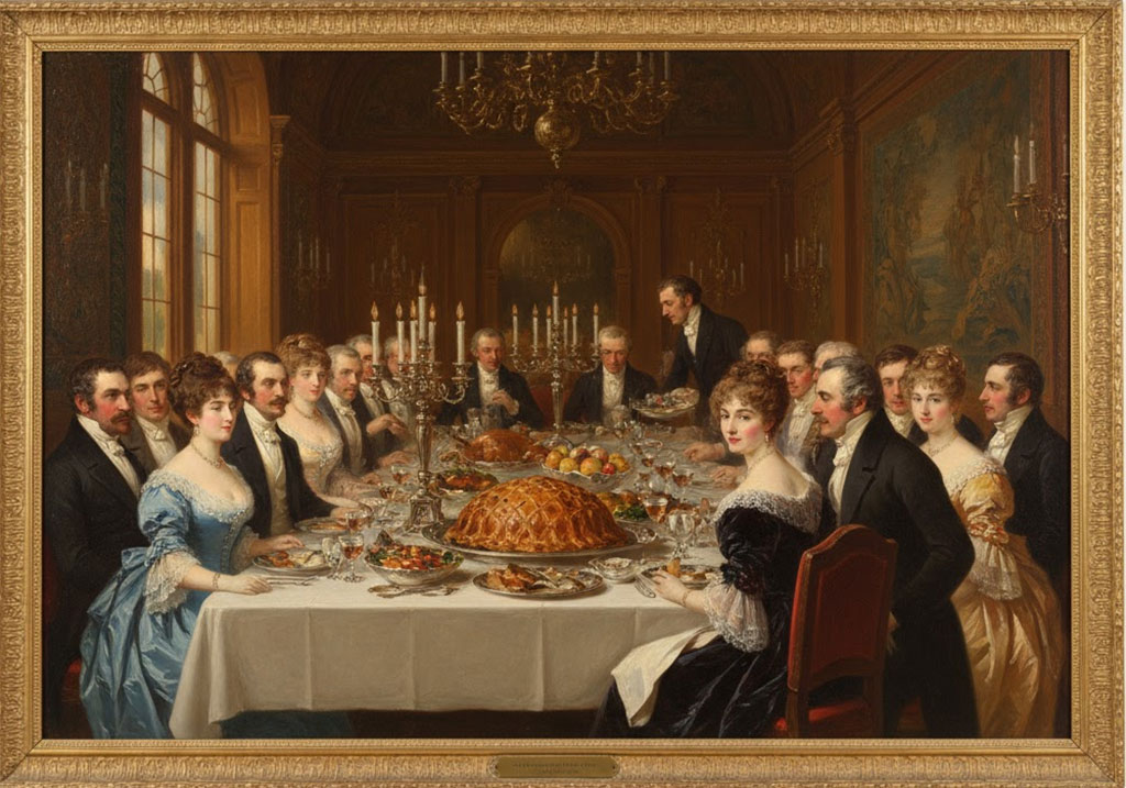 Bức tranh cổ bữa tiệc quý tộc Anh thế kỷ 19 có món Bò Wellington