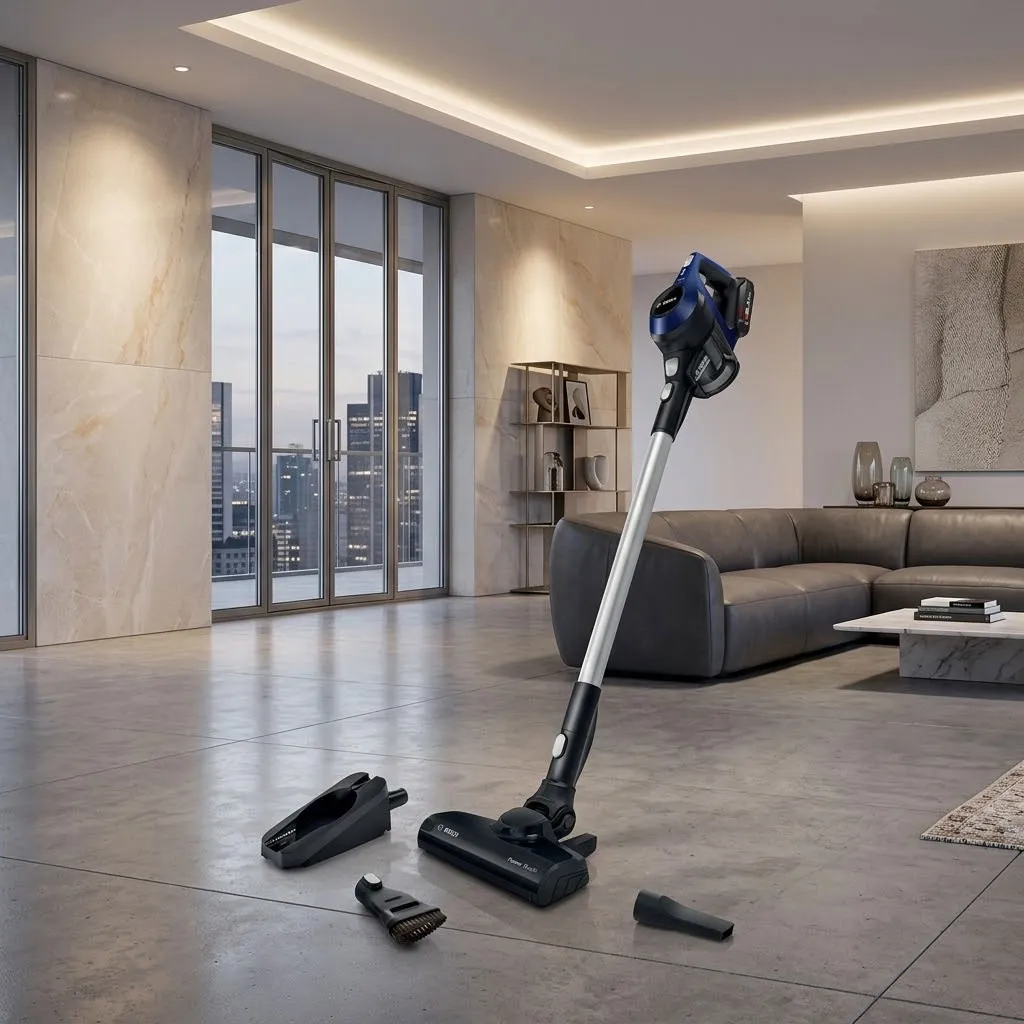 Máy hút bụi Bosch trong không gian phòng khách sang trọng và hiện đại