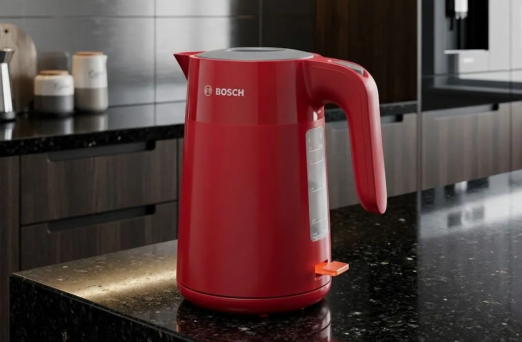 Bình siêu tốc Bosch sang trọng được đặt trên bàn đá của không gian bếp hiện đại