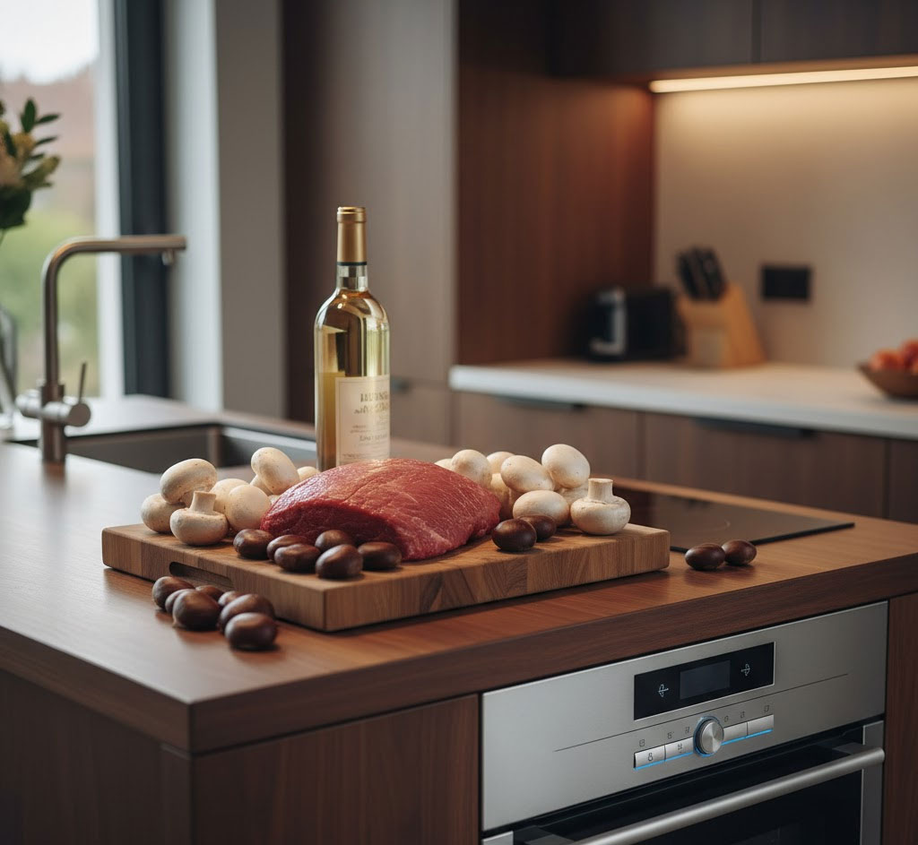 Bàn bếp với nguyên liệu tươi và thiết bị Bosch hiện đại