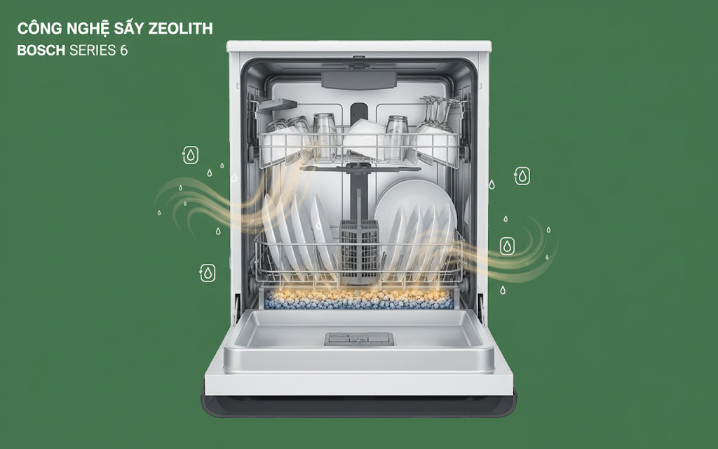 Công nghệ sấy Zeolith trên máy rửa chén Bosch Series 6 giúp chén đĩa khô hoàn hảo