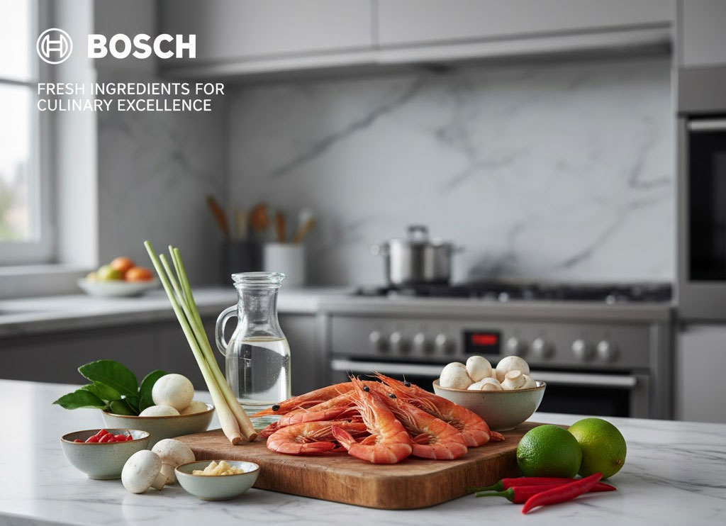 Nguyên liệu tươi cho món canh chua tôm Thái: tôm, sả, lá chanh, nấm rơm, chanh, ớt