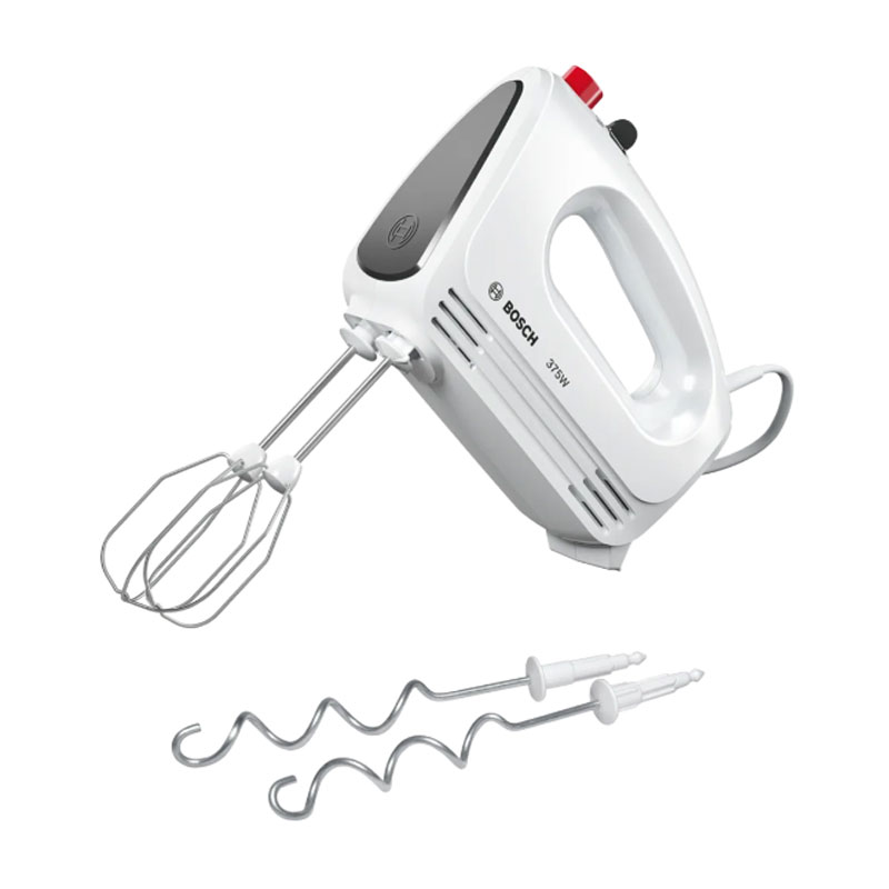 Phụ kiện của máy đánh trứng Bosch MFQ22100 bao gồm que đánh trứng và móc nhào bằng thép không gỉ