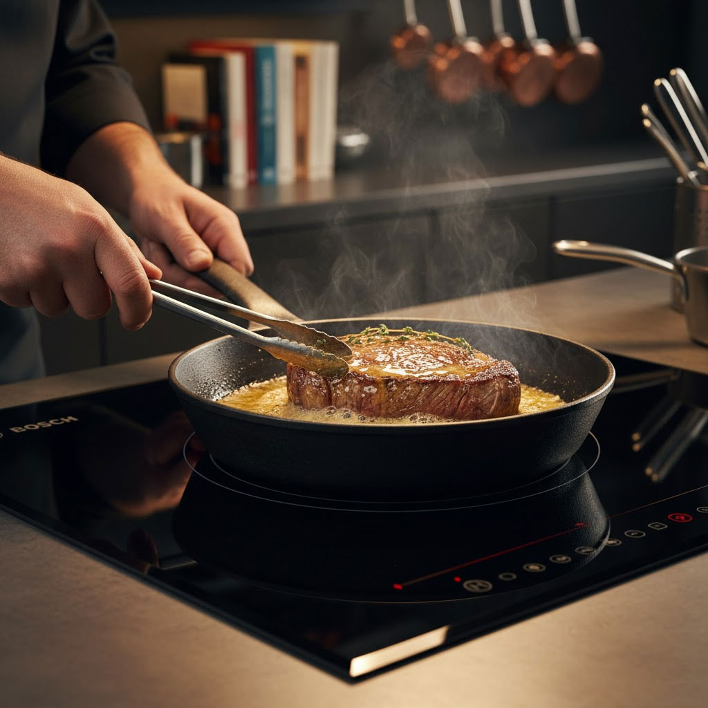 Đầu bếp áp chảo thăn bò trên bếp từ Bosch vàng óng