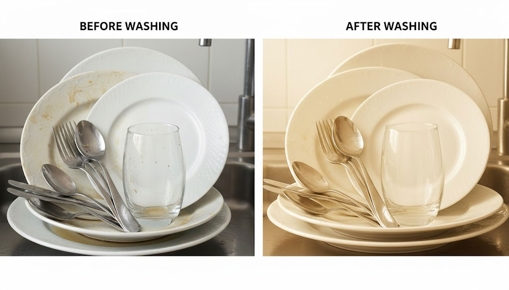 o sánh trước và sau khi sử dụng viên rửa bát Largo Classic, bát đĩa sáng bóng sạch dầu mỡ