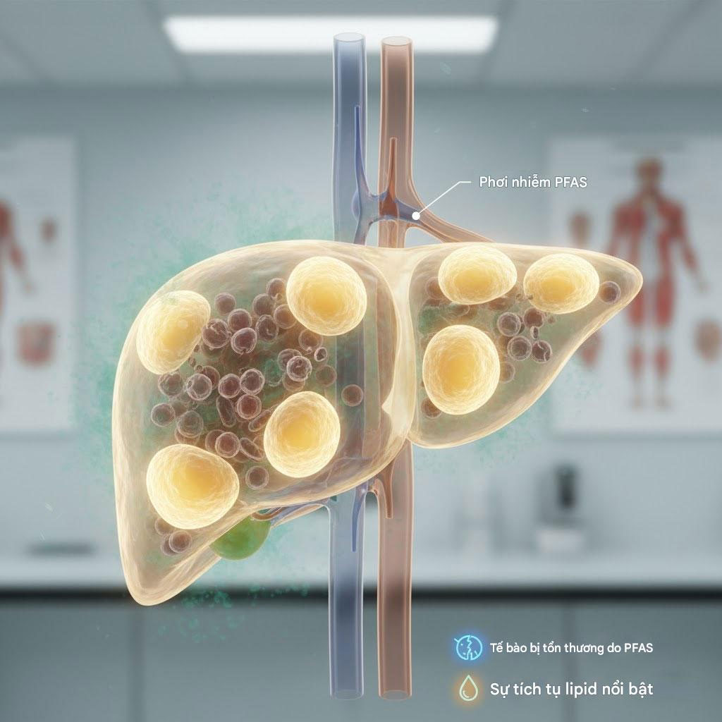 Mô hình 3D tế bào gan bị tổn thương do PFAS tích tụ mỡ