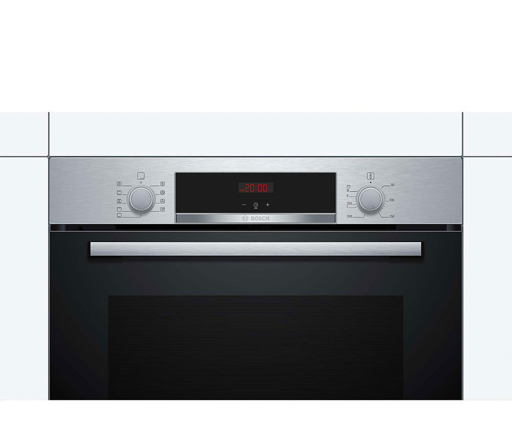Bảng điều khiển núm xoay inox ẩn kèm màn hình LED dễ sử dụng trên lò nướng Bosch