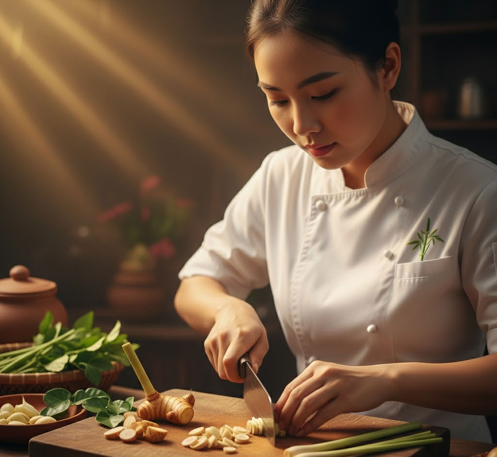 Người đầu bếp thái sả và giềng trên thớt gỗ dưới ánh đèn vàng