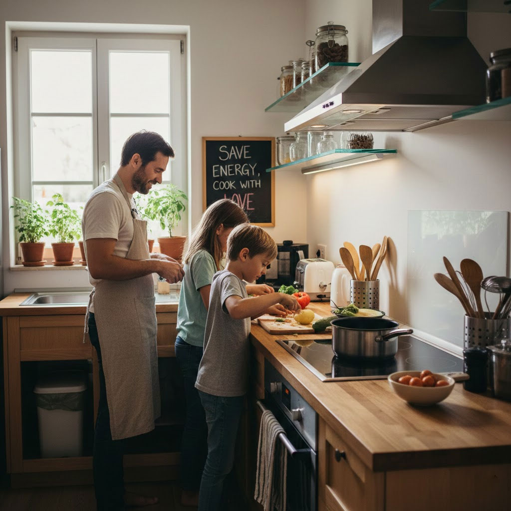 Gia đình nấu ăn thoải mái trong không gian bếp tiết kiệm năng lượng