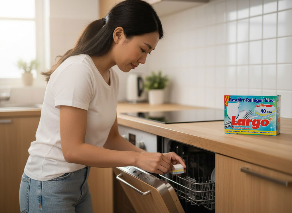 Người nội trợ hiện đại sử dụng viên rửa bát Largo All-in-one trong căn bếp sang trọng