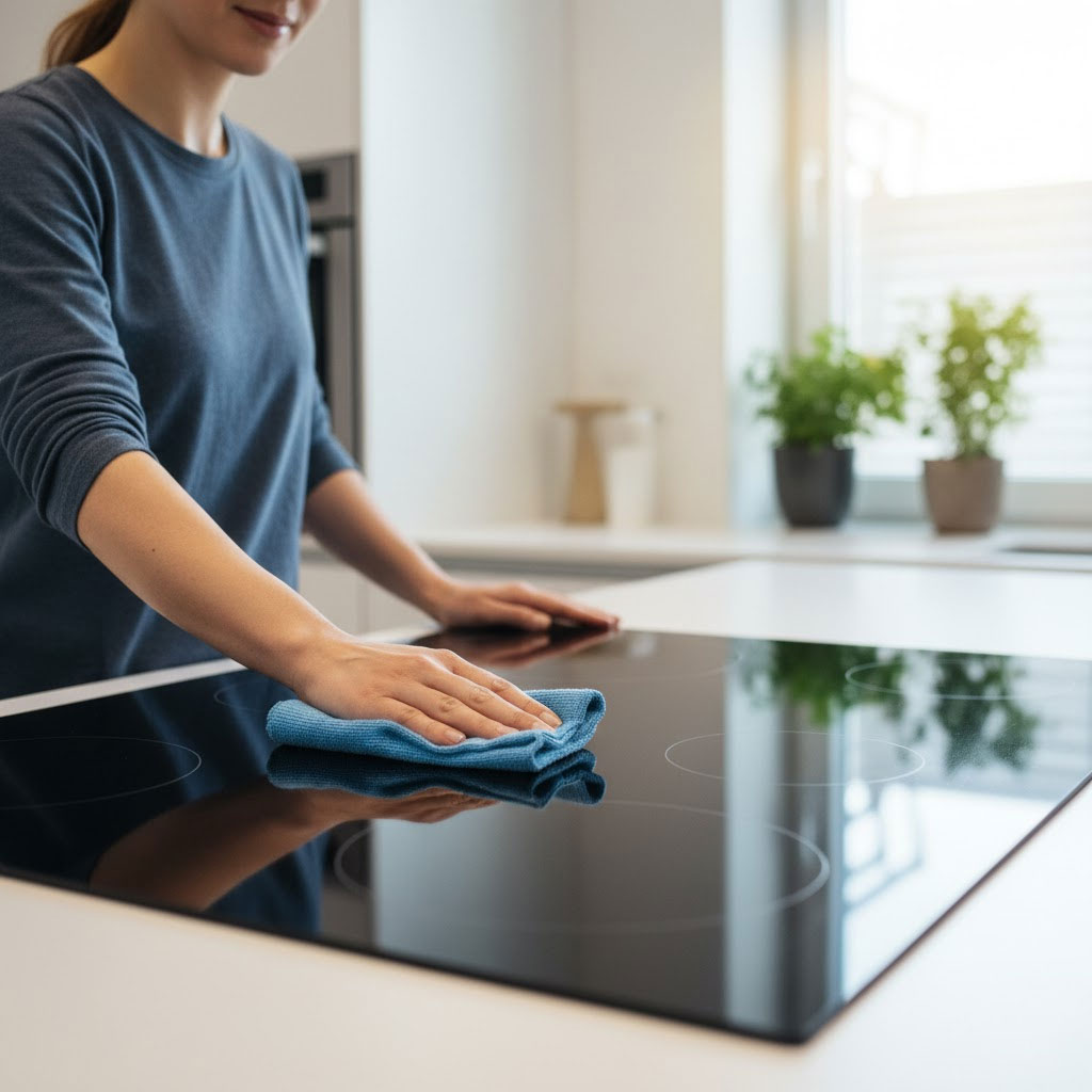 Dùng khăn khô để loại bỏ vết bẩn trên mặt bếp từ